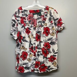 Lemon Grass Studio White ButtonFront Floral Cotton Top with Red & Yellow Flowers